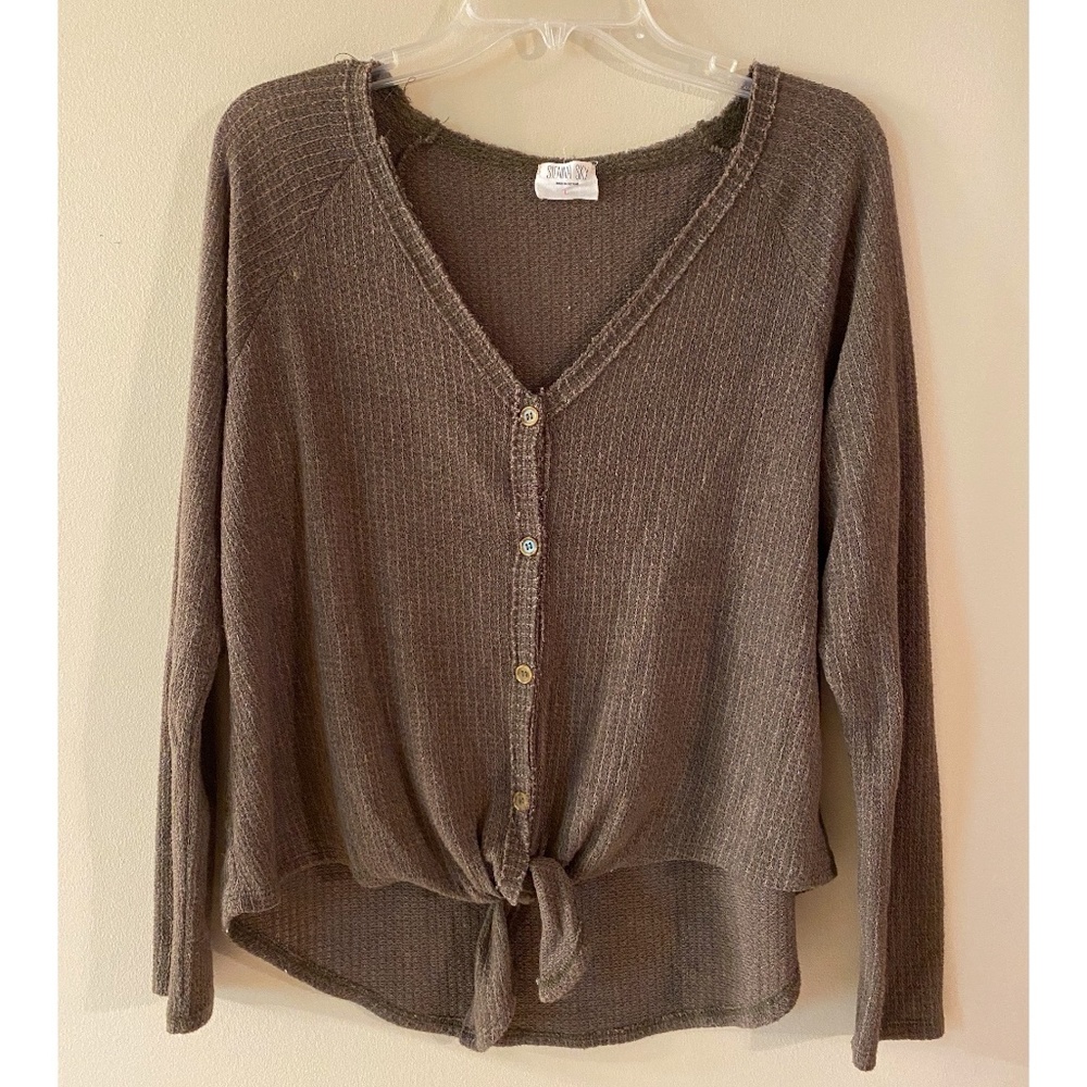 Green tie front button-up v-neck cardigan sweater